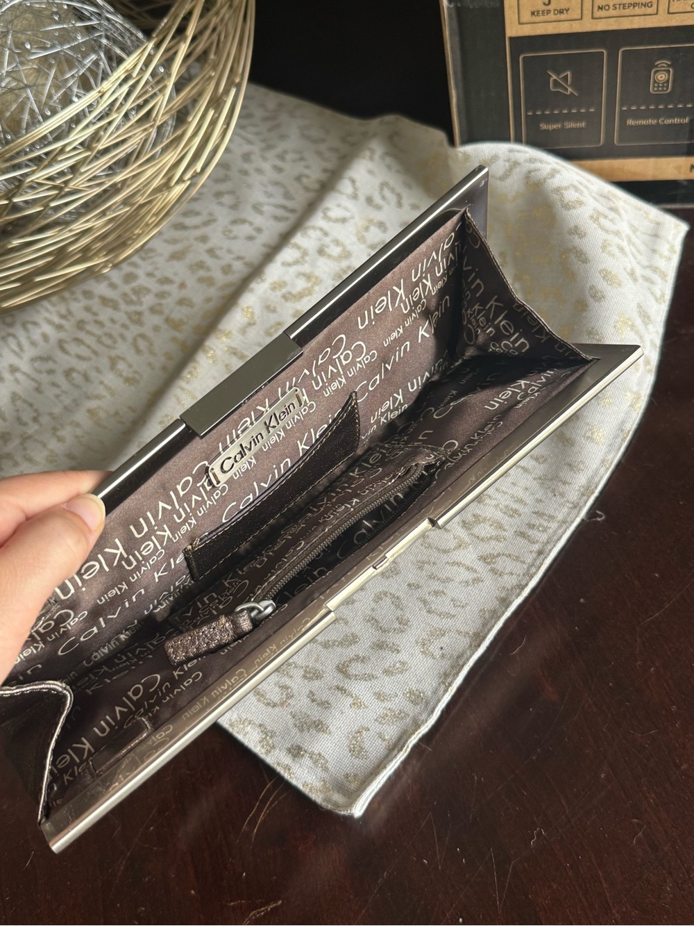 Calvin Klein Metallic Brown Logo-Print Frame Clutch